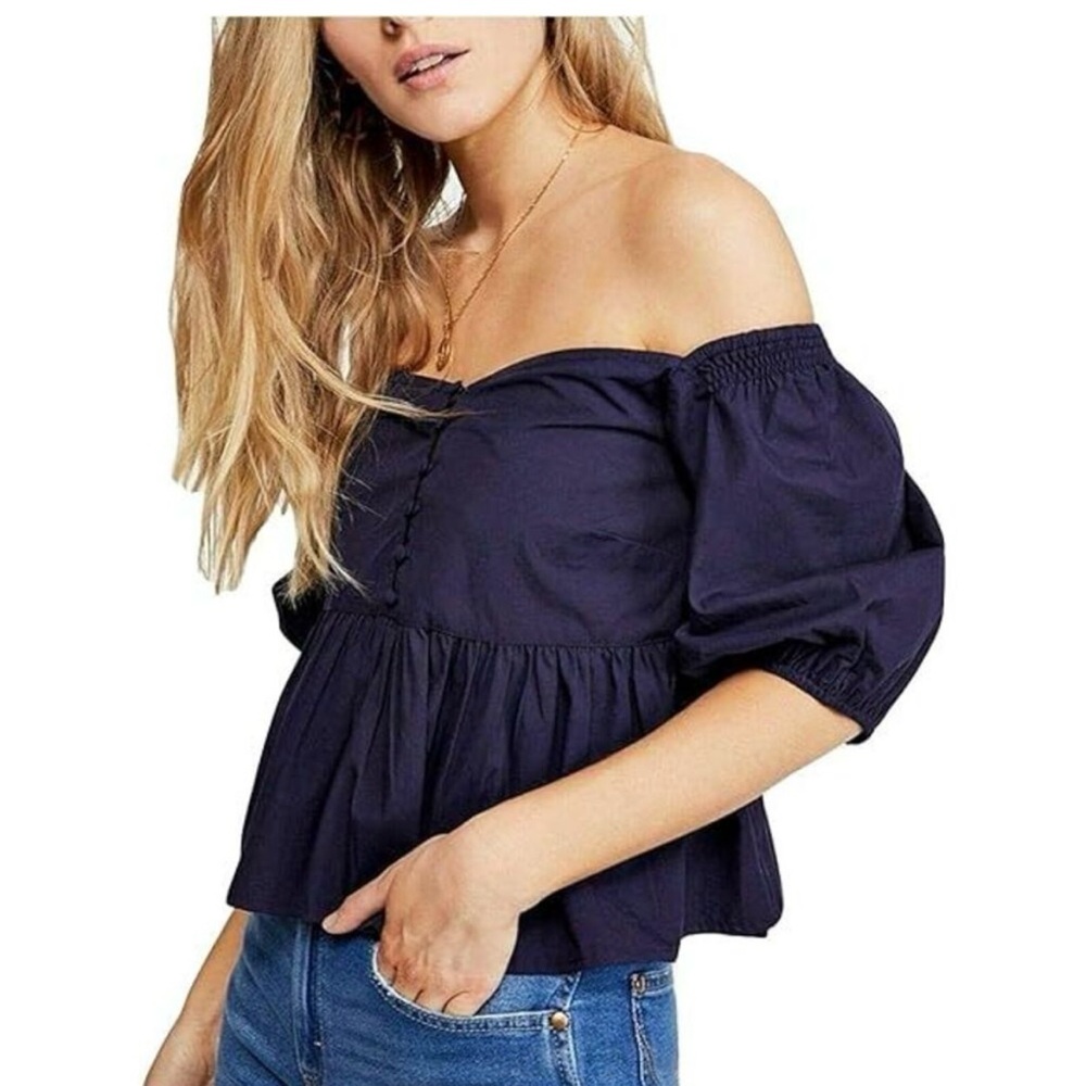 Free People Off-Shoulder Navy Top Blouse Small